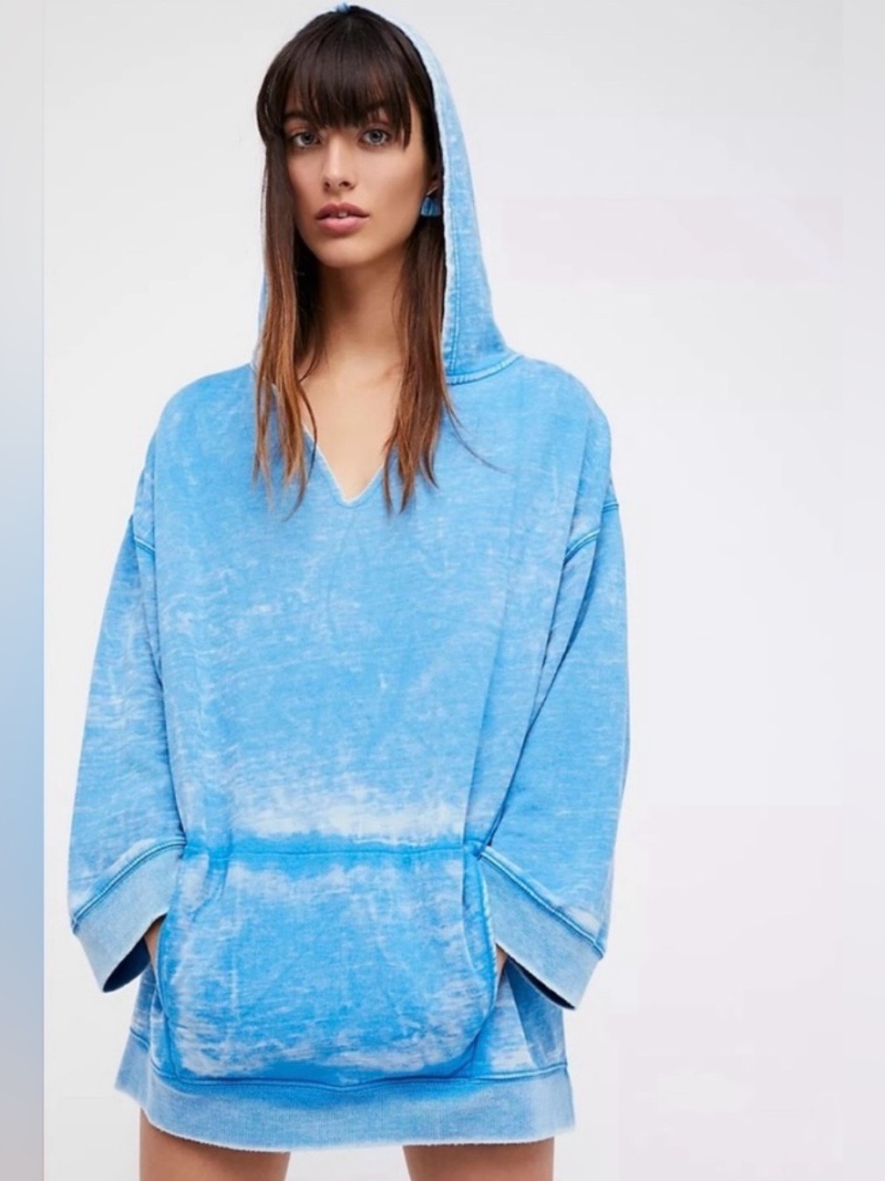 Free People Overisized Tie Dye Hooded Mineral Blue White Wash Sweatshirt Size M